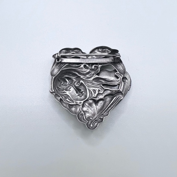 Vintage Art Nouveau Revival Sterling Silver Woman Profile Heart Locket Brooch - Picture 2 of 4